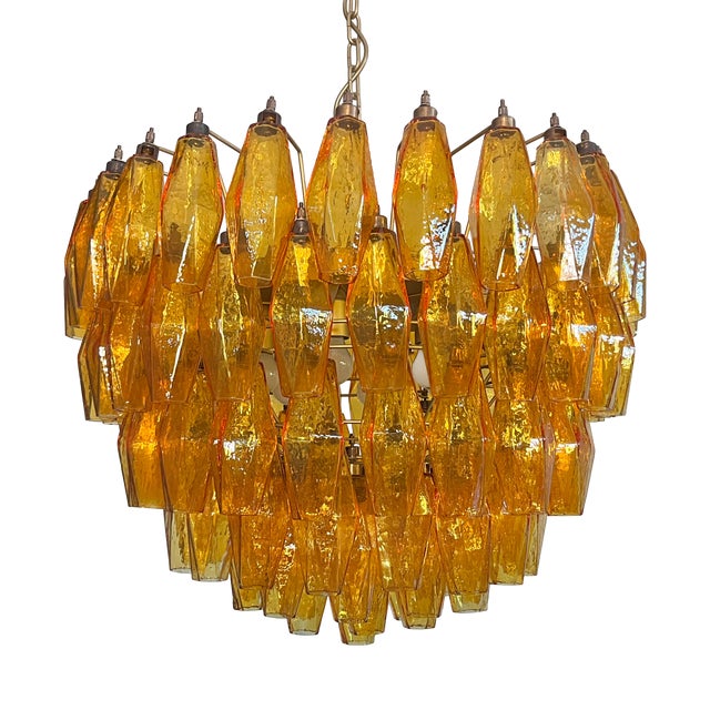 Vintage Murano Glass Chandelier with 111 Amber Poliedri, 1990s For Sale