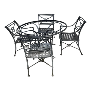 Vintage Woodard Delphi Outdoor Dining Set — Round Glass Top Table With 4 Cast Aluminum Chairs