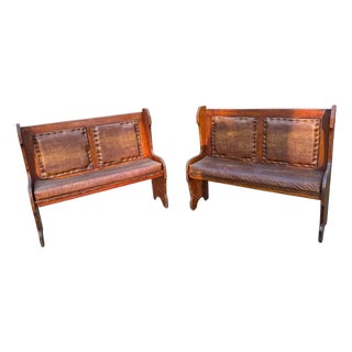 Pair of Antique Architectural Church Pew Benches, Turn of the Century Country Pine Two-Seater Settles For Sale