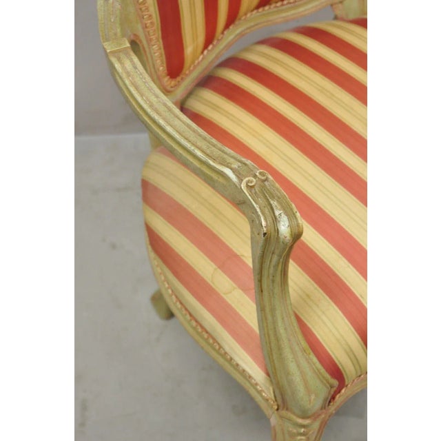 Vtg French Louis XV Style Green & Pink Painted Arm Chair Fauteuil Striped Fabric For Sale - Image 9 of 13