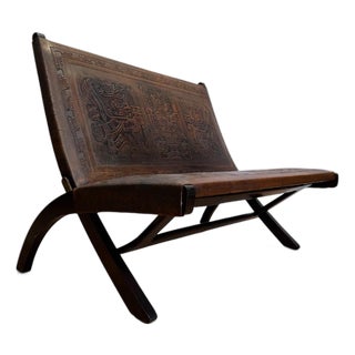 Mid-Century Attributed Angel Pazmiño Stamped Leather X-Frame Loveseat Settee For Sale