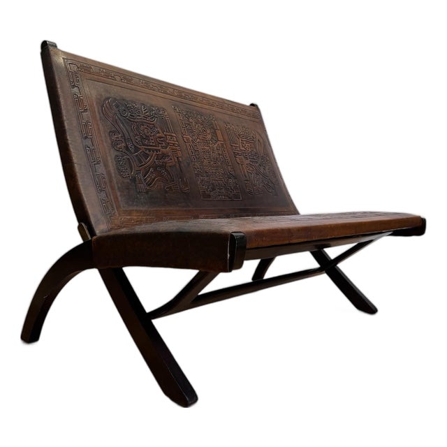 Mid-Century Attributed Angel Pazmiño Stamped Leather X-Frame Loveseat Settee For Sale