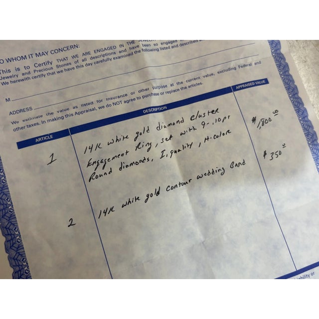 Metal 14k White Gold Diamond Cluster Engagement Ring W/ Band For Sale - Image 7 of 7