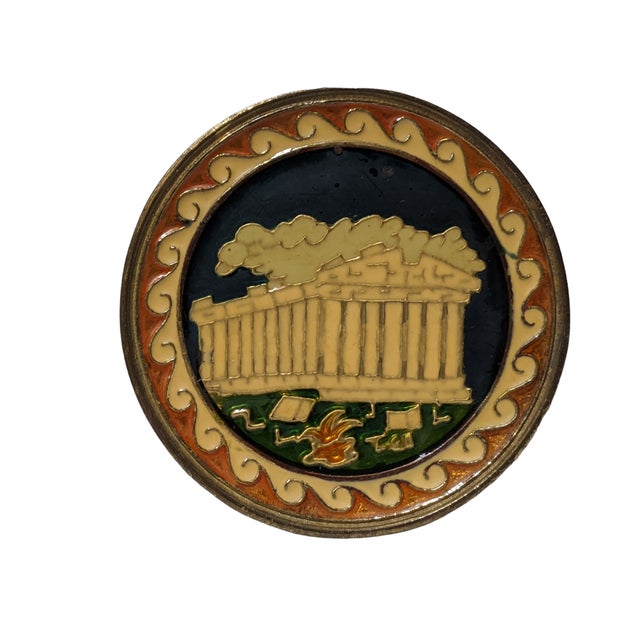 Neoclassical Vintage Greek Parthenon Enameled Brass Decorative Wall Hangings- Set of 2 For Sale - Image 3 of 12