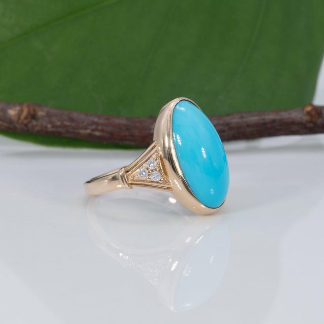Metal 5.5Ct Sleeping Beauty Turquoise Ring With Earth Mined Diamonds in Solid 14k Gold, Size 6.75 For Sale - Image 7 of 9