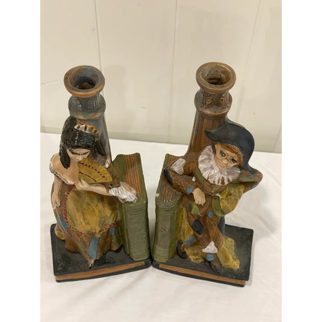 Vintage Ceramic Borghini LaCrima Christi Harlequin Ceramic Wine Decanter Bookends or Candlesticks - Pair For Sale In Nashville - Image 6 of 12