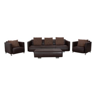 Model 6300 4-Seater Sofa, Armchairs and Ottoman in Brown Leather from Rolf Benz, Set of 4 For Sale