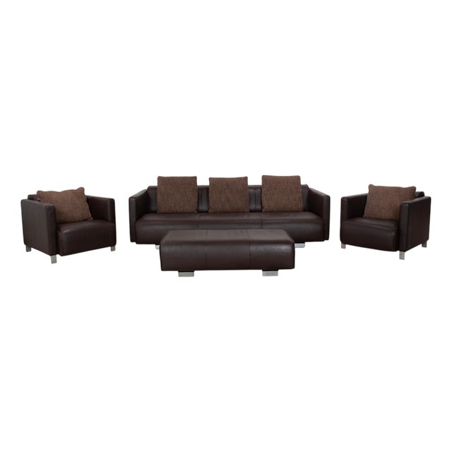 Model 6300 4-Seater Sofa, Armchairs and Ottoman in Brown Leather from Rolf Benz, Set of 4 For Sale