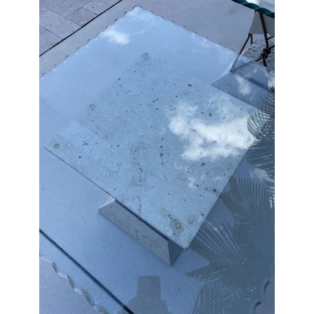 Travertine Stone Wrought Iron Suspended Top Scalloped Glass Side Table. Mid- Century Modern floating soapstone or...