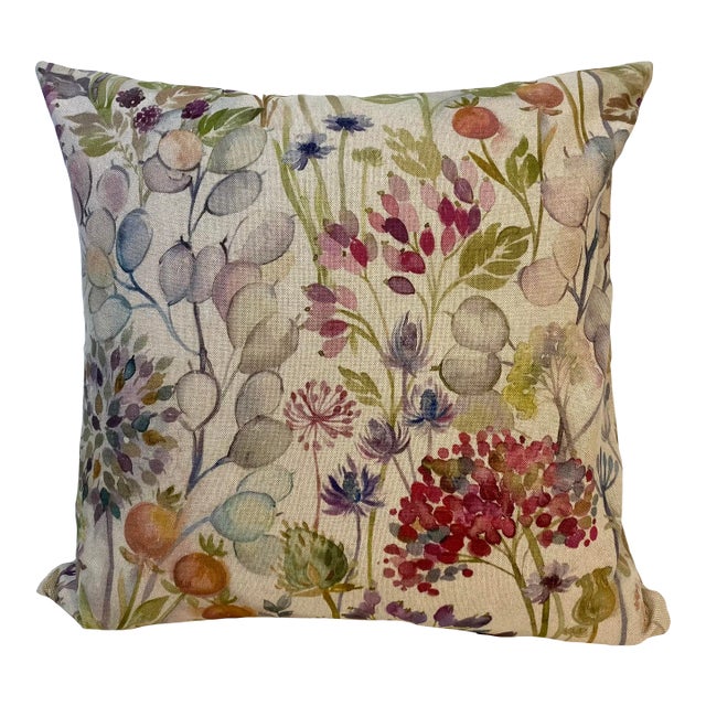 20” Square Pillow With a Pink and Purple Watercolor-Like Floral Print - Made in U K For Sale