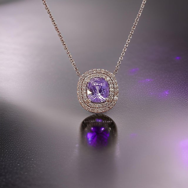 Purple Natural Sapphire Diamond Pendant 18" 14k WG 3.84 TCW Certified For Sale - Image 8 of 12