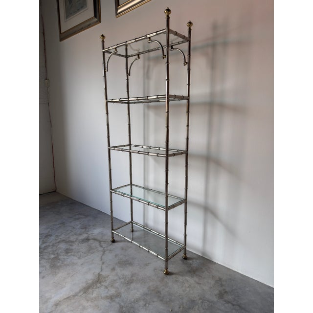 Hollywood Regency Faux Bamboo Chrome & Brass Five-Tier Étagère Bookcase For Sale - Image 4 of 12