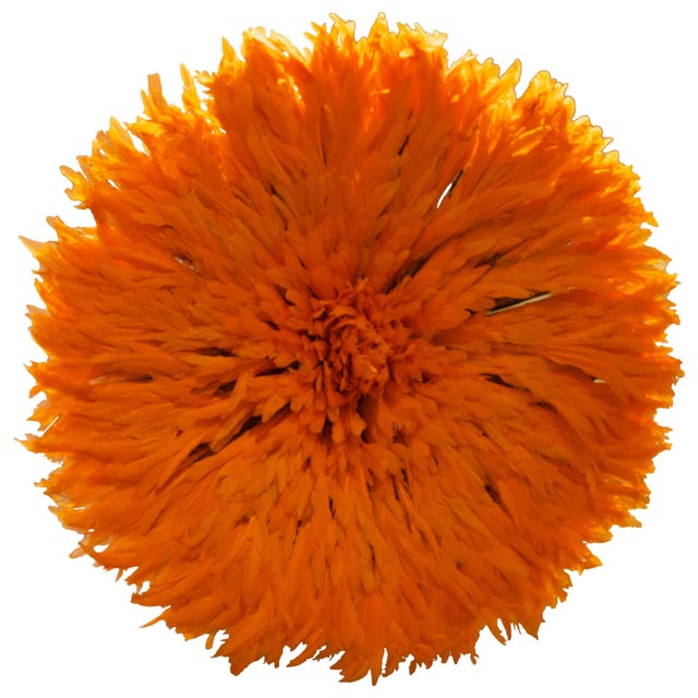 Stunning Hermes orange feathered wall hanging. Measures: 30" diameter x 6" depth. Other colors available. Please inquire....