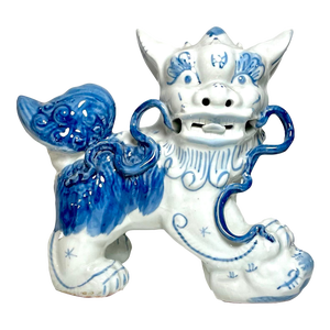 Vintage Chinese Blue and White Porcelain Guardian Lion Foo Dog