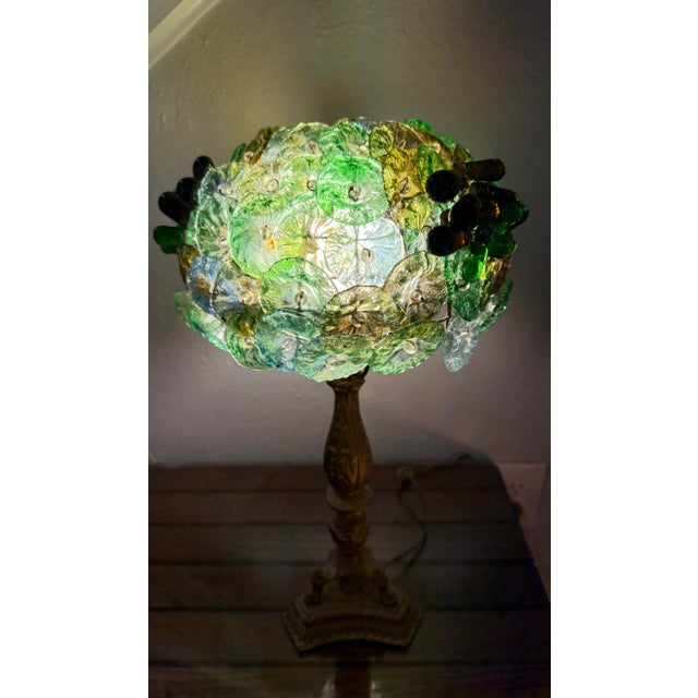 Beautiful 1970s Hollywood Regency Hand Blown Murano Glass Textured Translucent Blue, Green and Yellow Flowers Lampshade With Original Base For Sale - Image 9 of 12