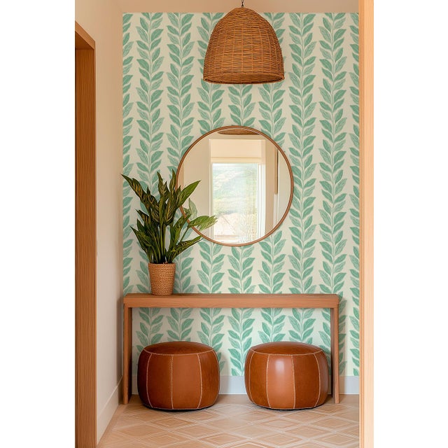 Garden Leaf Stripe Grasscloth Wallpaper by House Party | Sage & Mint Green | 8 Yards For Sale In Charlotte - Image 6 of 7