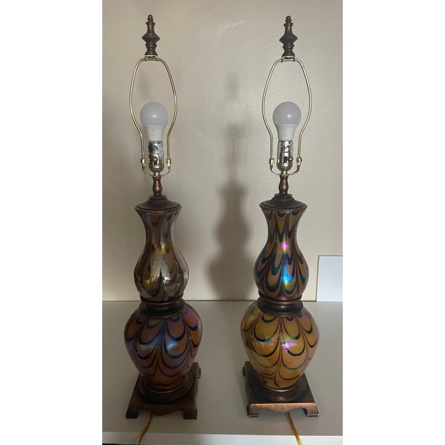 Mid-Century Modern Vintage Iridescent Art Glass Table Lamps-Murano Style Amber Feather Patten - A Pair For Sale - Image 3 of 17