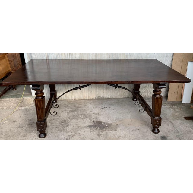 Wood Late 19th Spanish Walnut Dining Fratino Table with Iron Stretcher For Sale - Image 7 of 18