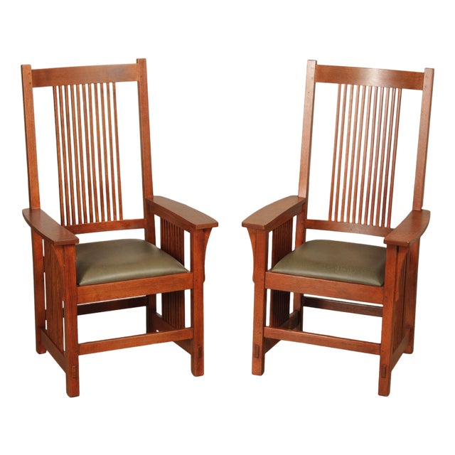 Stickley Mission Collection Pair of Oak Spindle Armchairs For Sale