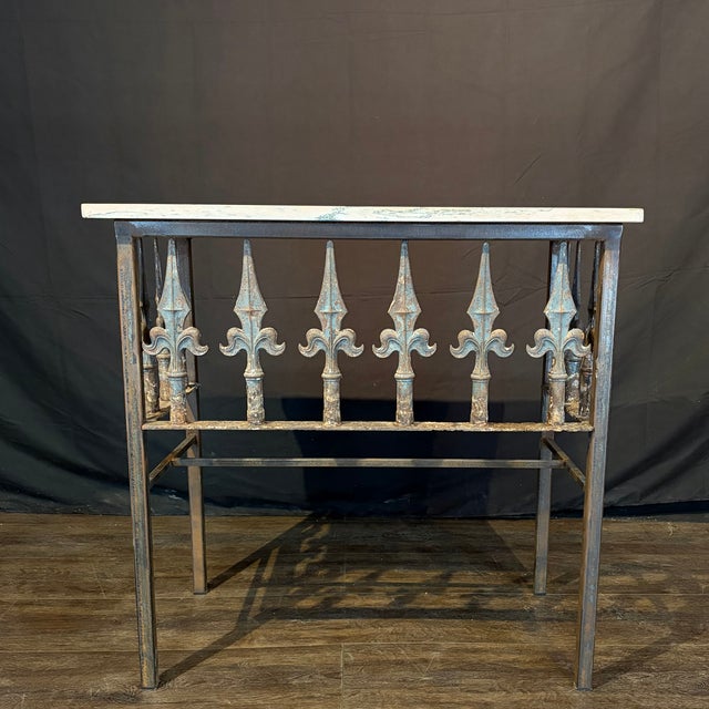 French Antique French Wrought Iron Console Table With Marble Top | Balcony Railing Console For Sale - Image 3 of 11
