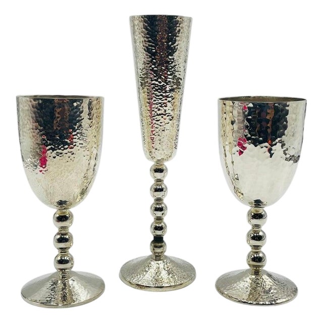 1980s Emilia Castillo Silver Plated “Musical” Goblets & Champagne Flute, Taxco Mexico For Sale