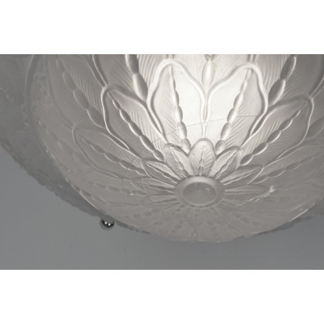 French Art Deco Pendant Light by Petitot 1930s - Floral Frosted Glass & Nickeled Bronze For Sale - Image 9 of 13