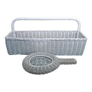 20th Century French Country Wicker Storage Basket & Mirror Set - 2 Pieces For Sale