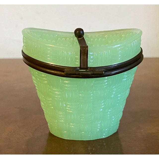 Glass Antique 19th Century French Green Opaline Glass Trinket Box in the Form of a Small Basketweave Hat Box For Sale - Image 7 of 12