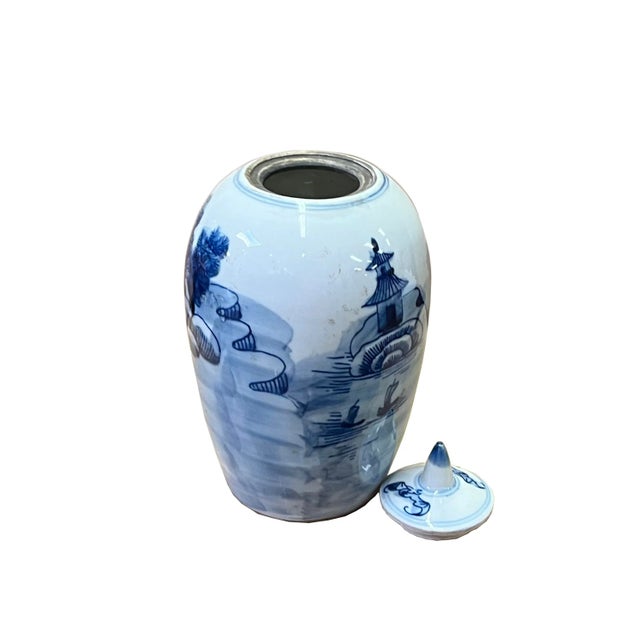 Lot of 2 Blue White Small Scenery Graphic Porcelain Point Lid Jars For Sale - Image 4 of 6