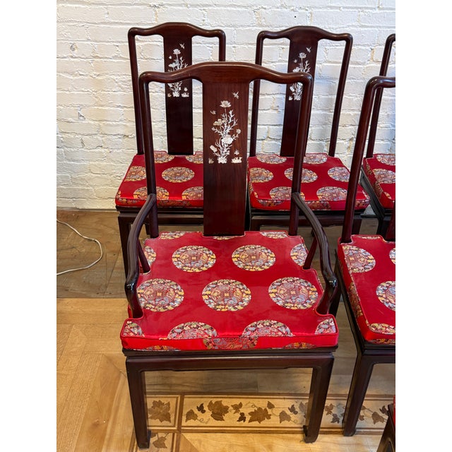 Vintage Qing Style Rosewood Dining Table + Chairs With Mother of Pearl Inlays, Set For Sale - Image 10 of 12