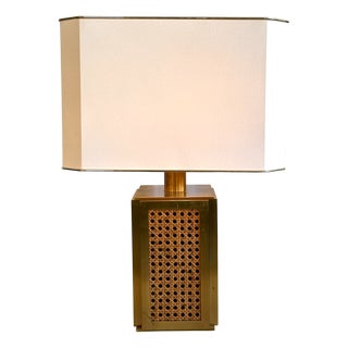 Mid-Century Rattan Woven and Brass Table Lamp in the style of Christian Dior, 1970s For Sale