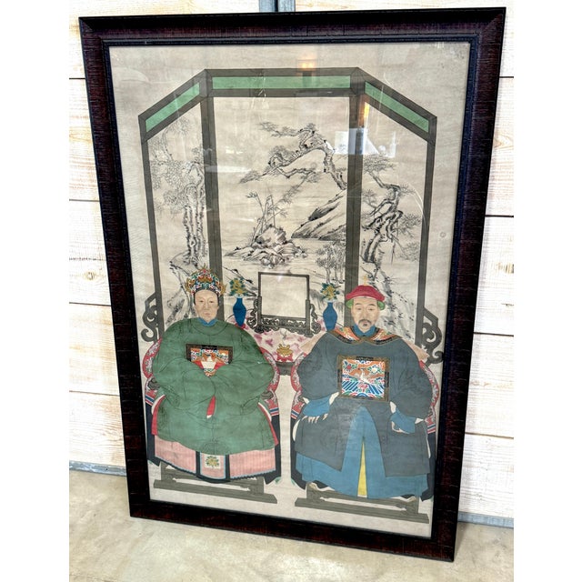 Large Qing-Dynasty Double Ancestral Portrait China, late 19th C. Guangxu Period For Sale - Image 9 of 18