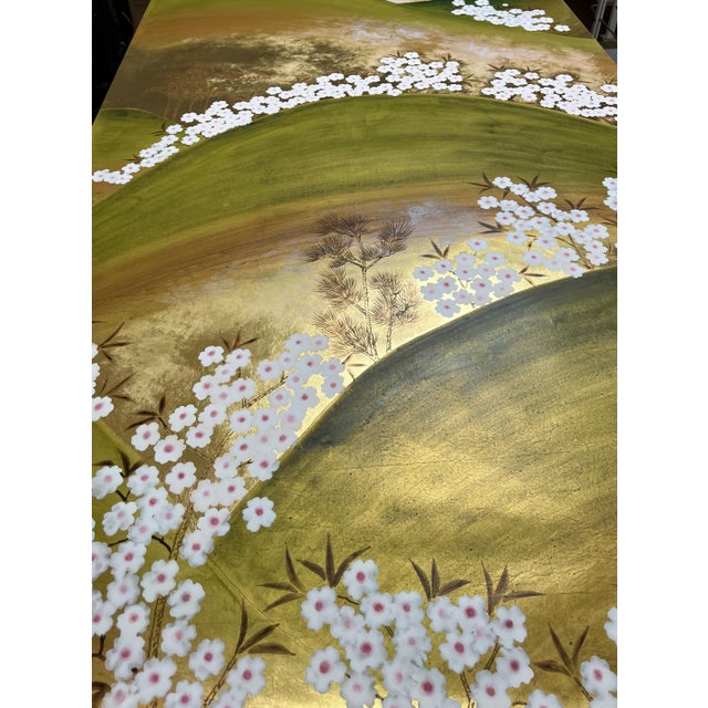 Hand-Painted Gold Leaf Chinoiserie Landscape Mural Panels | Cherry Blossom Mountain Wall Art Set of 2 For Sale - Image 4 of 8
