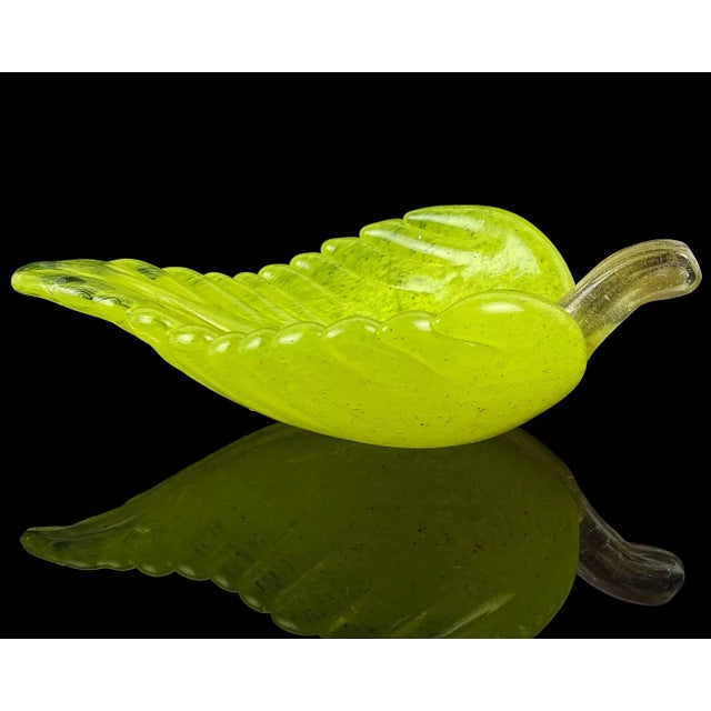 Murano Murano Italian Art Glass Bright Yellow Gold Flecks Leaf Shape Decorative Jewelry Trinket Dish For Sale - Image 4 of 7