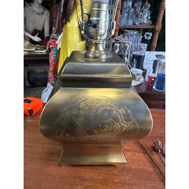 Asian Vintage Asian Style Brass Table Lamp With Etched Cherry Blossom Tree Details For Sale - Image 3 of 9