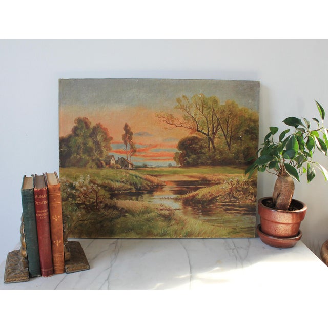 Vintage landscape painting on canvas with sunset and farmstead. Signed by artist M. Mierendory. bottom left. Age wear to...