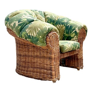 Vintage Coastal Woven Rattan Fern Print Lounge Chair For Sale