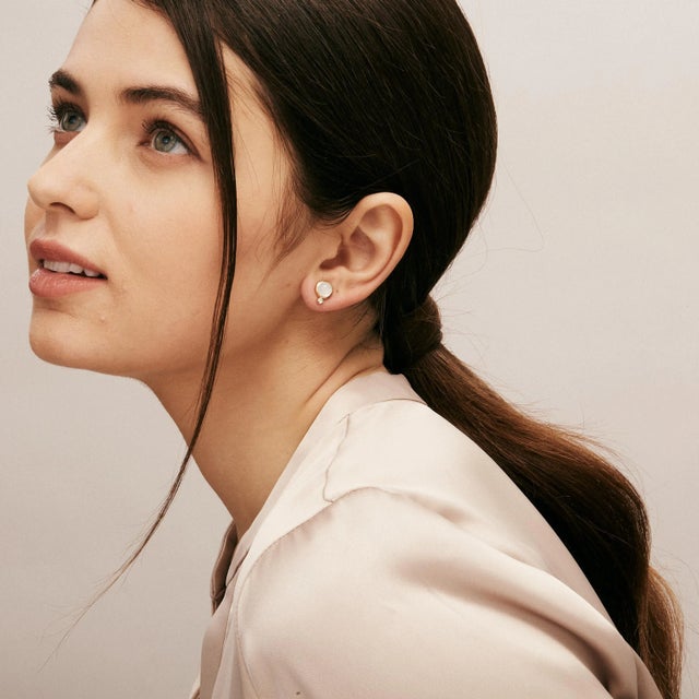 Contemporary Syna Yellow Gold Moon Quartz Studs with Diamonds, a Pair For Sale - Image 3 of 4