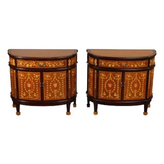 Italian Neoclassical Style Pair of Marquetry Demilune Commodes For Sale