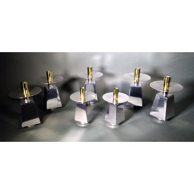 Seven (7) Chrome & Brass Mid-Century Candlesticks For Sale - Image 9 of 12