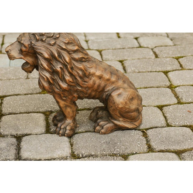 Pair of Italian 1880s Small Walnut Hand Carved Lion Sculptures with Dark Patina For Sale - Image 4 of 12