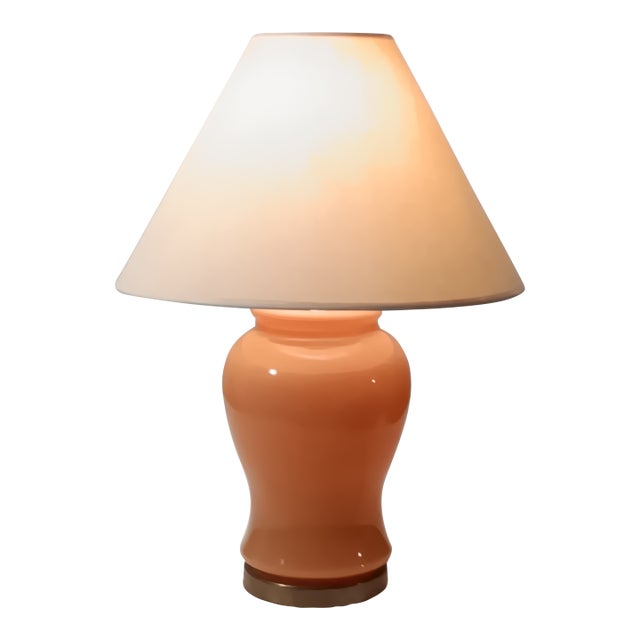 Vintage & Elegant Coral Colored Glass Ginger Jar Table Lamp With a Brass Base For Sale