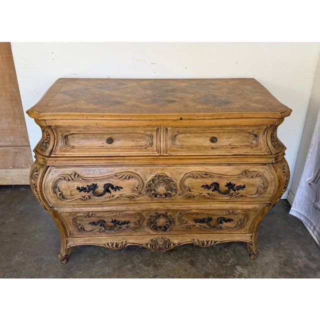 French Antique French Louis XV Bombe Commode - Bleached Oak For Sale - Image 3 of 17
