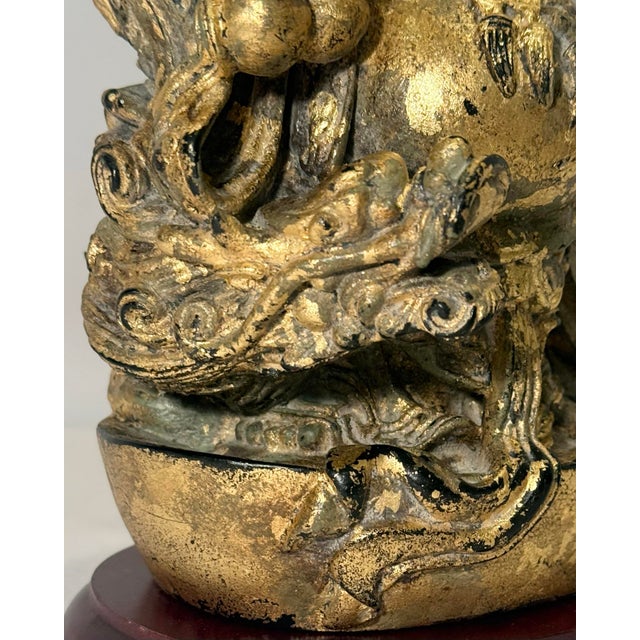 Late 20th Century Chinoiserie Gilded "Faux Bronze" Laughing Buddha Statue on Wooden Base For Sale - Image 4 of 11