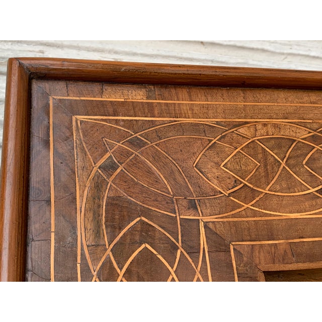 Antique Geometrical Marquetry Inlaid Mahogany Mirror with Carved Crest For Sale - Image 14 of 18