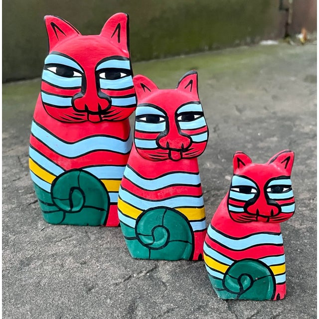 Vintage Hand-Painted Wooden Folk Art Cats- Set of 3 For Sale - Image 10 of 10