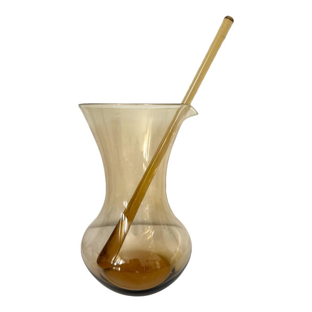 Mid-Century Smokey Amber Handblown Glass Pitcher With Stir Stick – Attributed to Empoli Italy For Sale