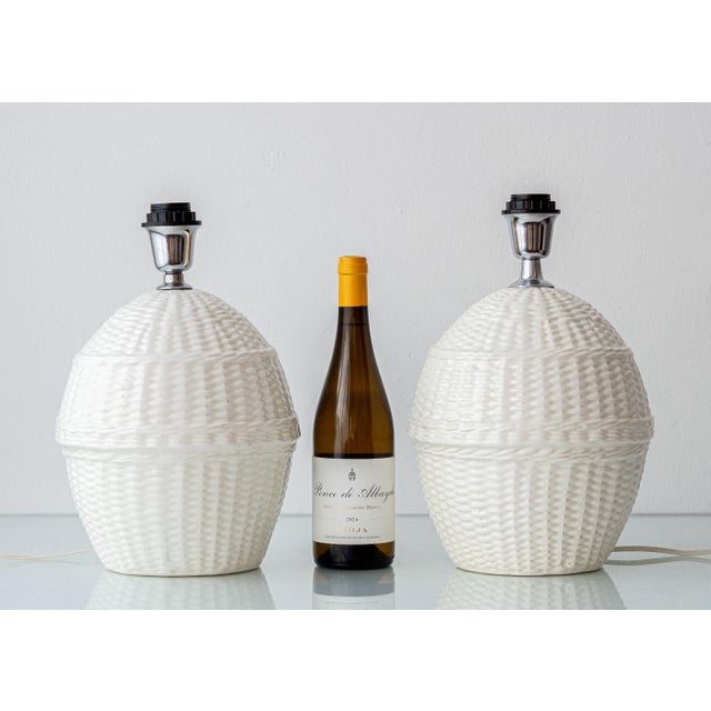 Vintage Wicker Ceramic Table Lamps, 1970s, Set of 2 For Sale - Image 3 of 11