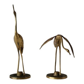 Vintage Mid-Century Mantle Size Sculptural Brass Cranes Herons Water Fowl-a Pair For Sale