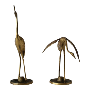 Vintage Mid-Century Mantle Size Sculptural Brass Cranes Herons Water Fowl-a Pair